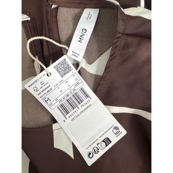 NWT Mango MNG Abstract Geo Print Long Sleeve Satin Dress Brown Cream Size M - Picture 6 of 13